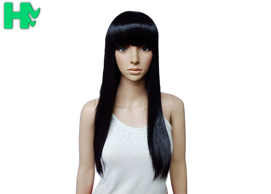 Soft Long High Temperature Fiber Black Hair Wigs With Bangs 16 Inches