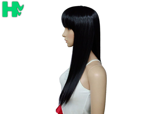 Soft Long High Temperature Fiber Black Hair Wigs With Bangs 16 Inches