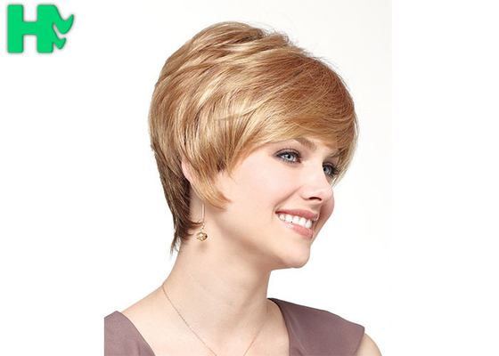 Short Blonde Highlight Color Full Bang High Temperature Fiber Wigs For Women