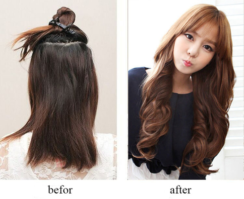 Popular Golden Synthetic Clip In Hair Extensions Long Curly Hair Weft