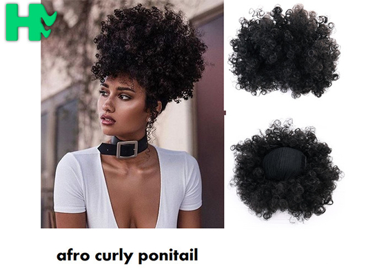 Black Synthetic Hair Pieces , Afro Curly Human Hair Ponytail Extensions