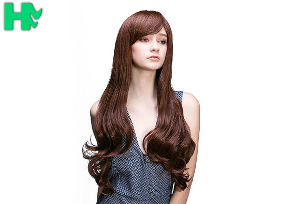 Heat Friendly Fiber Hair Extra Long Synthetic Wigs , Brown Wavy Wig With Bangs